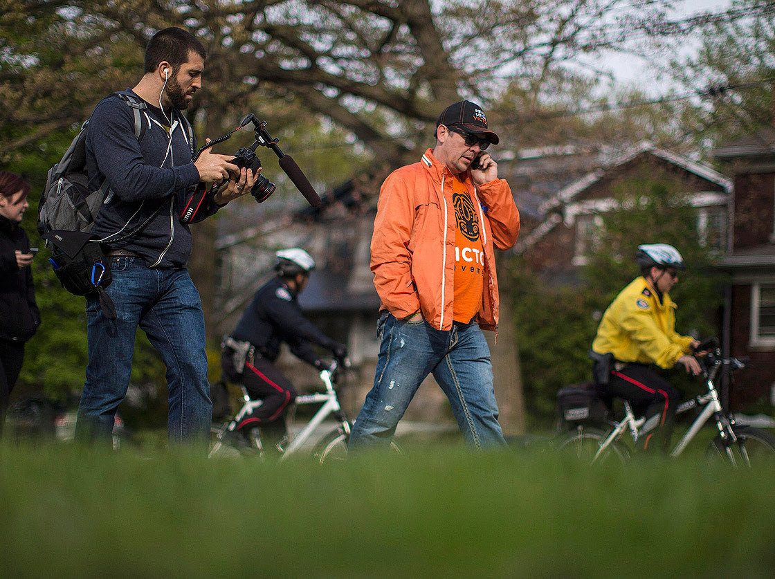 Theo Fleury on Day 1 of the Victor Walk, walking from Toronto to Ottawa in 10 days over 250miles/400kilometers to bring awareness about child sexual abuse. Director Michael David Lynch follows behind filming the documentary.