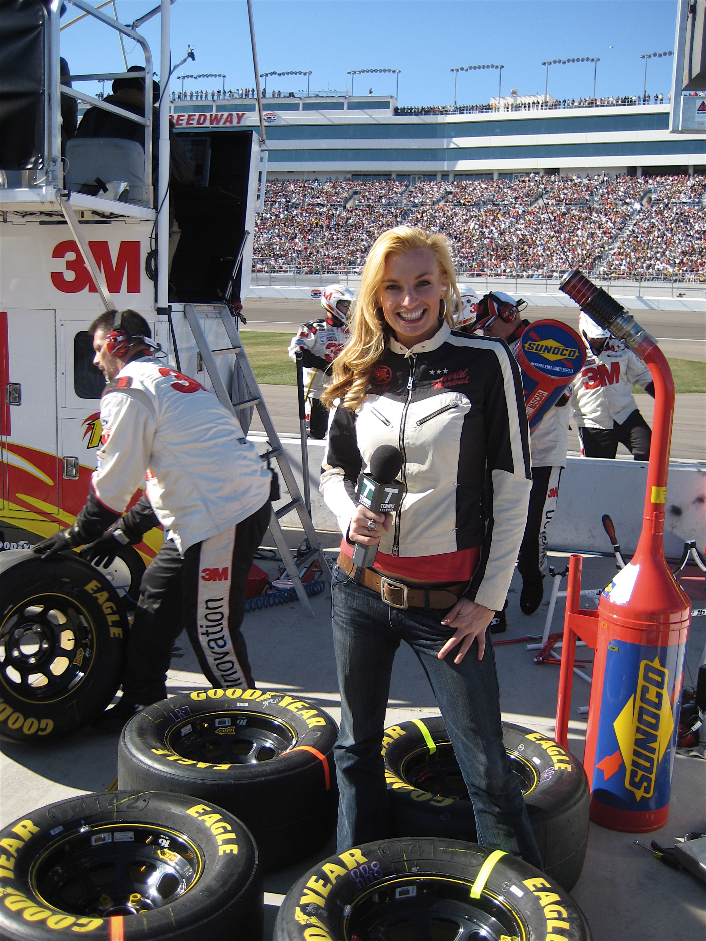 'Off the Strip with Mieke Buchan' host Mieke Buchan. Shooting story in the Nascar Pits. Las Vegas. @008