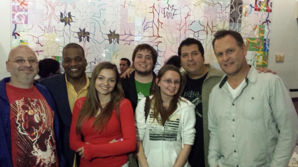 Stephen Donnelly with his daughters and Ralph Harris, Chuck Williams and Dave Coulier at the live performance of The Good Guys of Comedy, September 19, 2013.