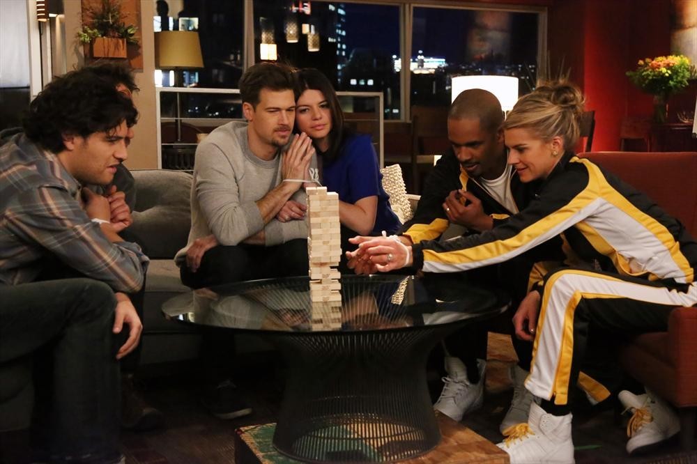 Still of Damon Wayans Jr., Nick Zano, Adam Pally, Seth Morris, Casey Wilson and Eliza Coupe in Happy Endings (2011)