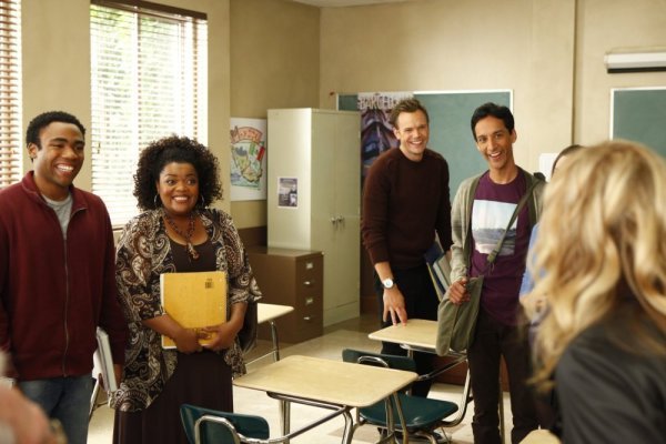 Still of Joel McHale, Yvette Nicole Brown, Danny Pudi and Donald Glover in Community (2009)