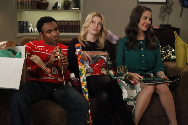 Still of Alison Brie, Gillian Jacobs and Donald Glover in Community (2009)