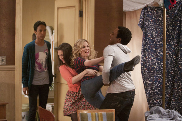 Still of Alison Brie, Gillian Jacobs, Danny Pudi and Donald Glover in Community (2009)
