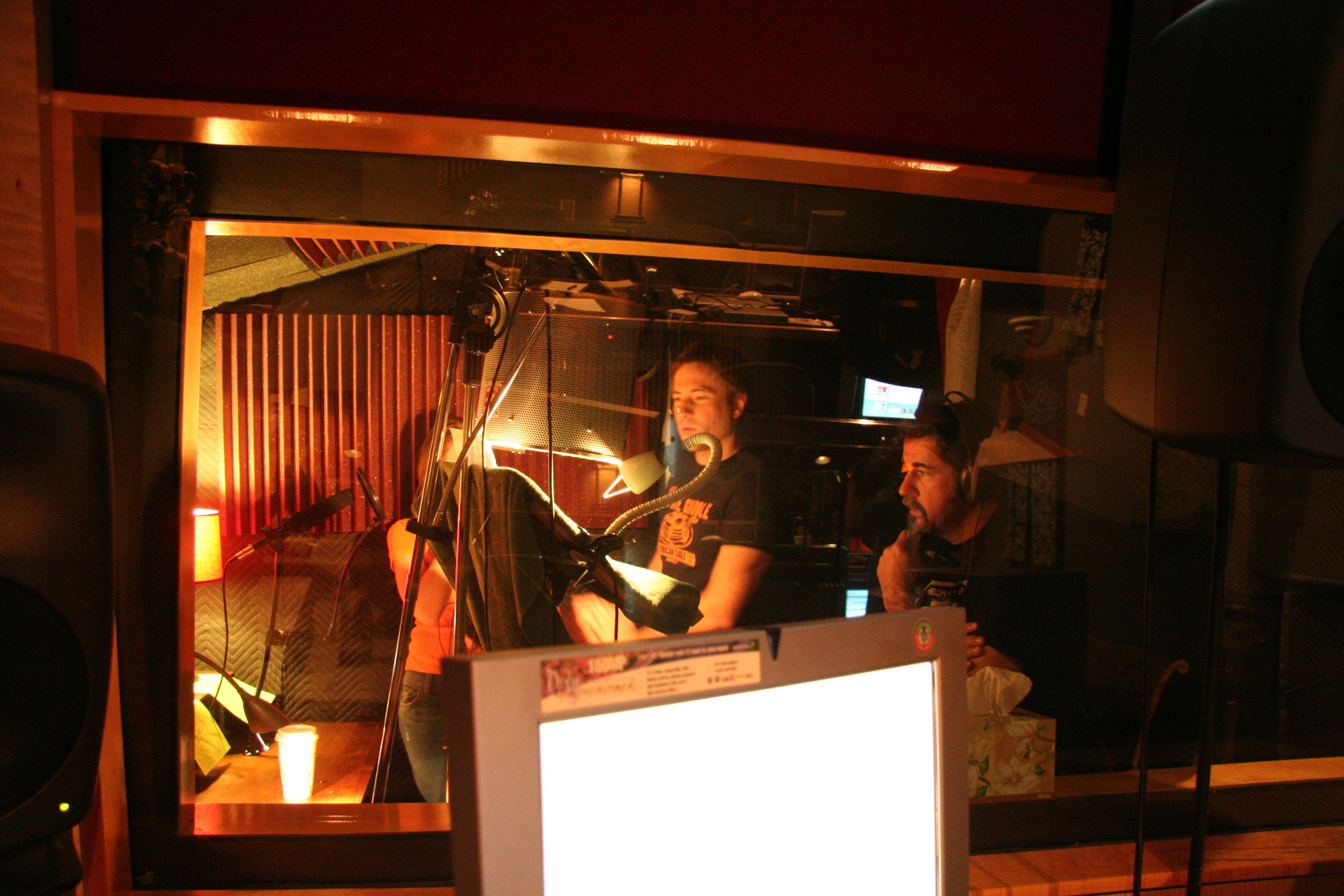 Trail of Crumbs post production sound session in Los Angeles: Robert McAtee speaks to Jeff Swarthout (Woody Truman) and Molly Leland (Wendy) before the recording of a phone conversation between their characters.