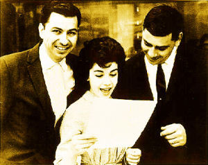 Photo taken circa 1960 during a recording session. (left to right) Richard M. Sherman, Annette Funicello, Robert B. Sherman