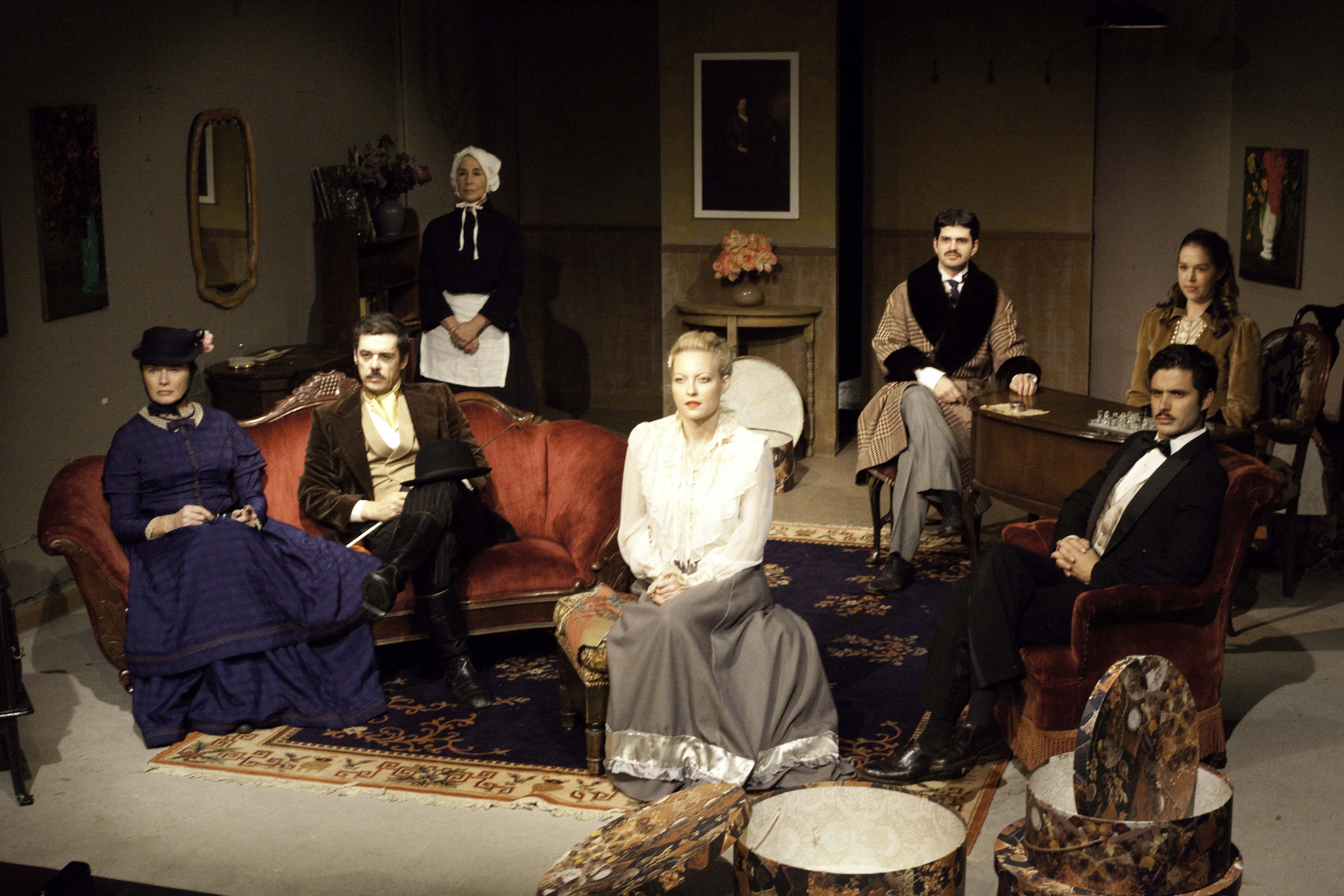 Laura Liguori (center) as Hedda Gabler in Ibsen's Hedda Gaber at the Pacific Resident Theatre.