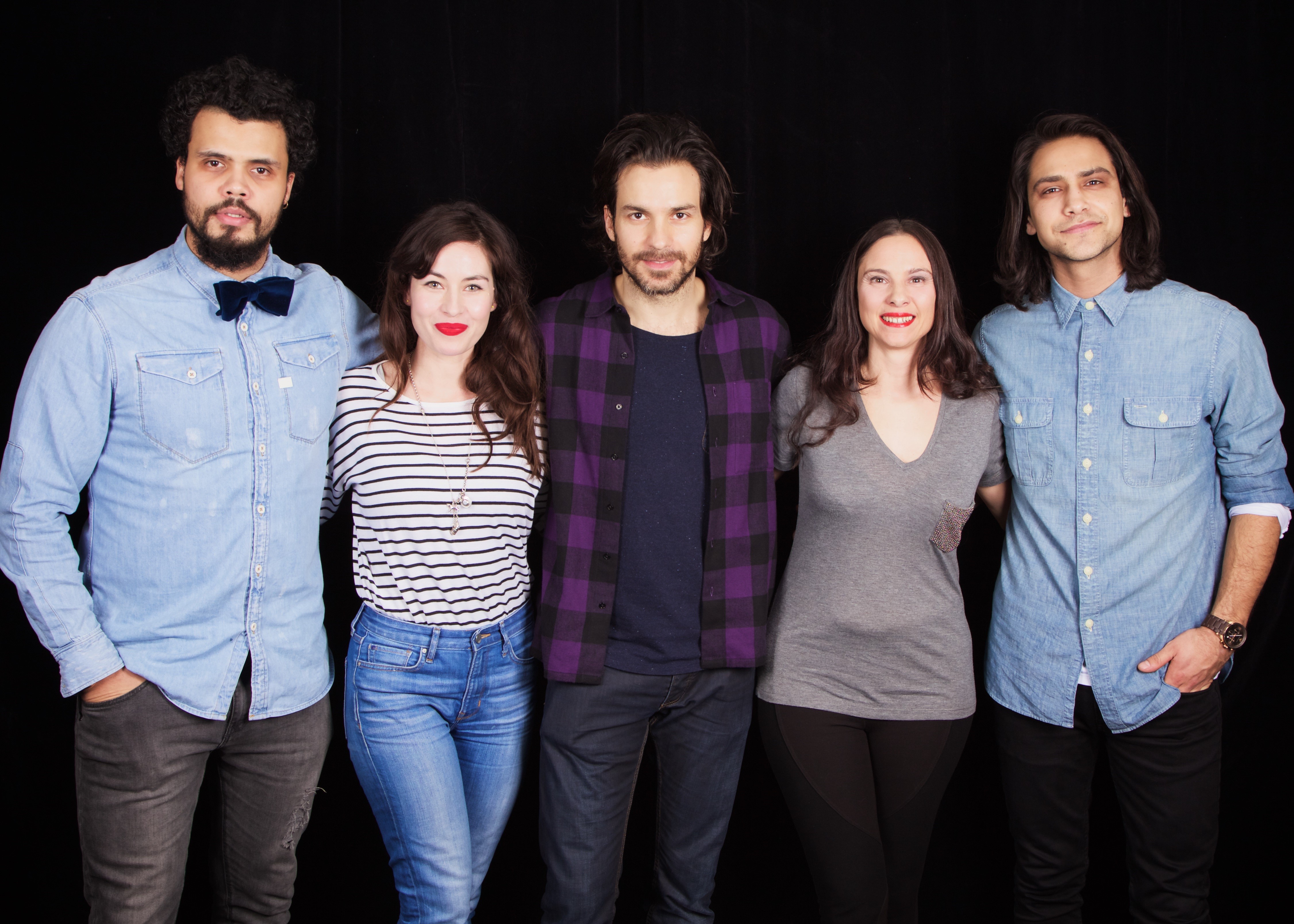 Claire Bueno hosts The Musketeers: Meet the Cast at the Apple Store, Regent Street. Right to Left. Howard Charles, Maimie McCoy, Santiago Cabrera, Claire Bueno & Luke Pasquelino.