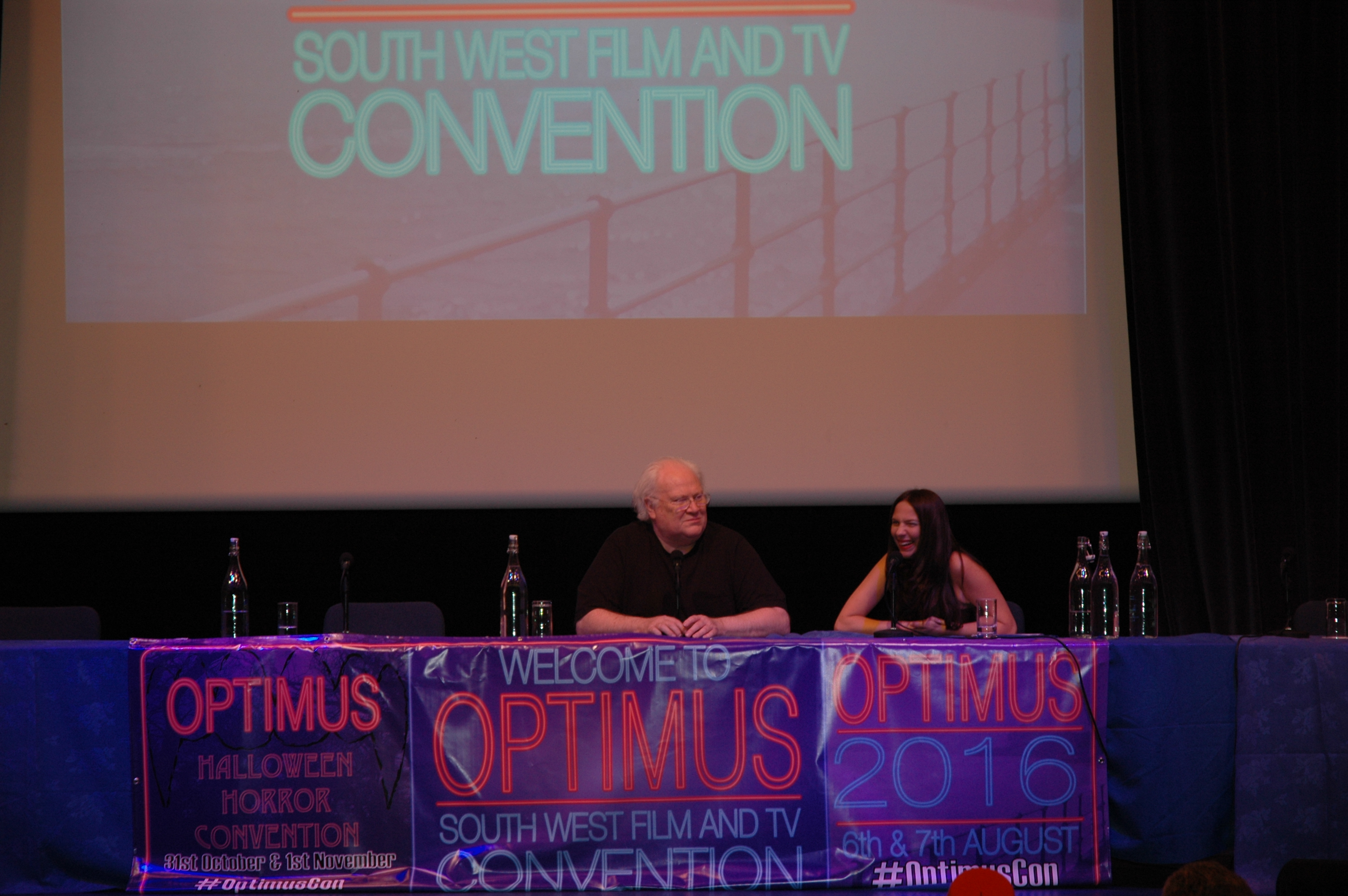 Claire Bueno moderates Optimus South West Film and Television panel talks with Doctor Who, Colin Baker.