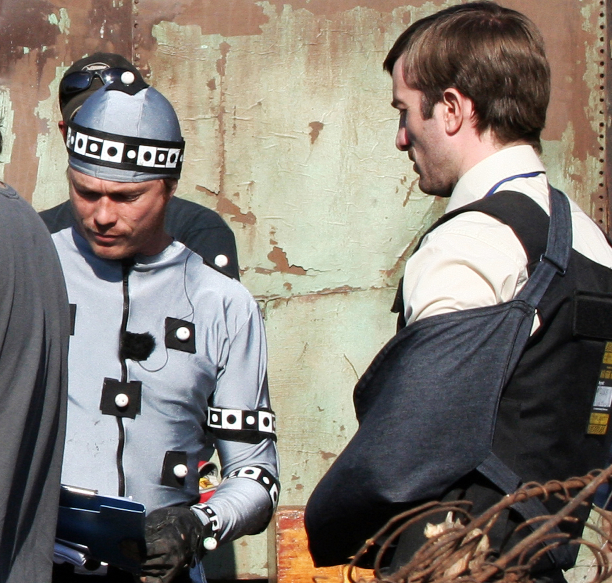 Jason Cope and Sharlto Copley on set District 9.