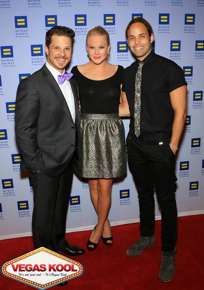 Justin Mortelliti, Carrie St. Louis and Mark Shunock arrive at the Human Rights Campaign Gala at The Aria Hotel and Casino in Las Vegas