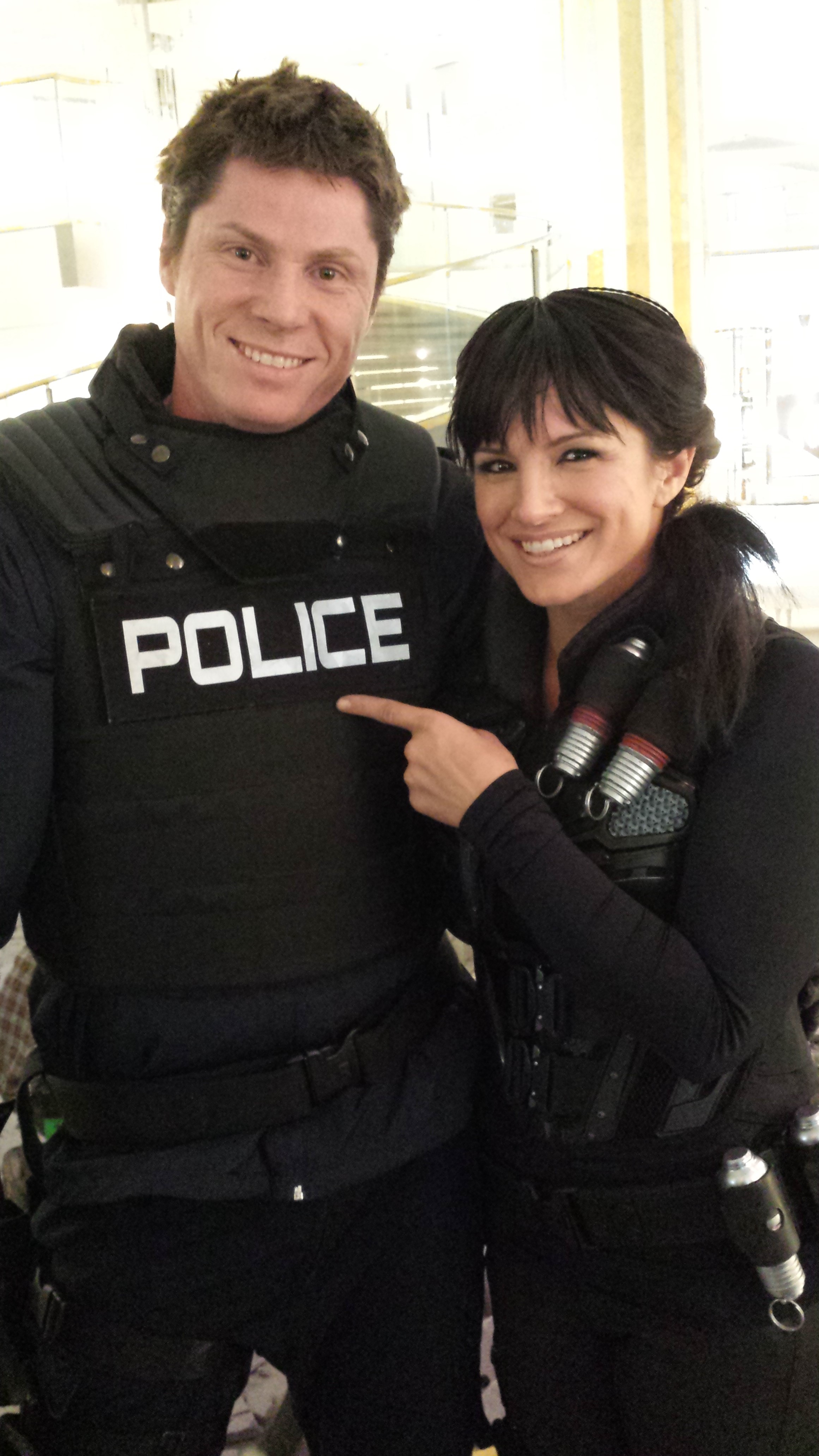 on set of almost Human with Gina Carano