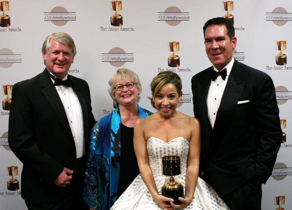 Feature voice actor winner Jen Cody with presenters Bill Farmer, Russi Taylor, and Tony Anselmo (voices of Goofy, Minnie Mouse, and Donald Duck)