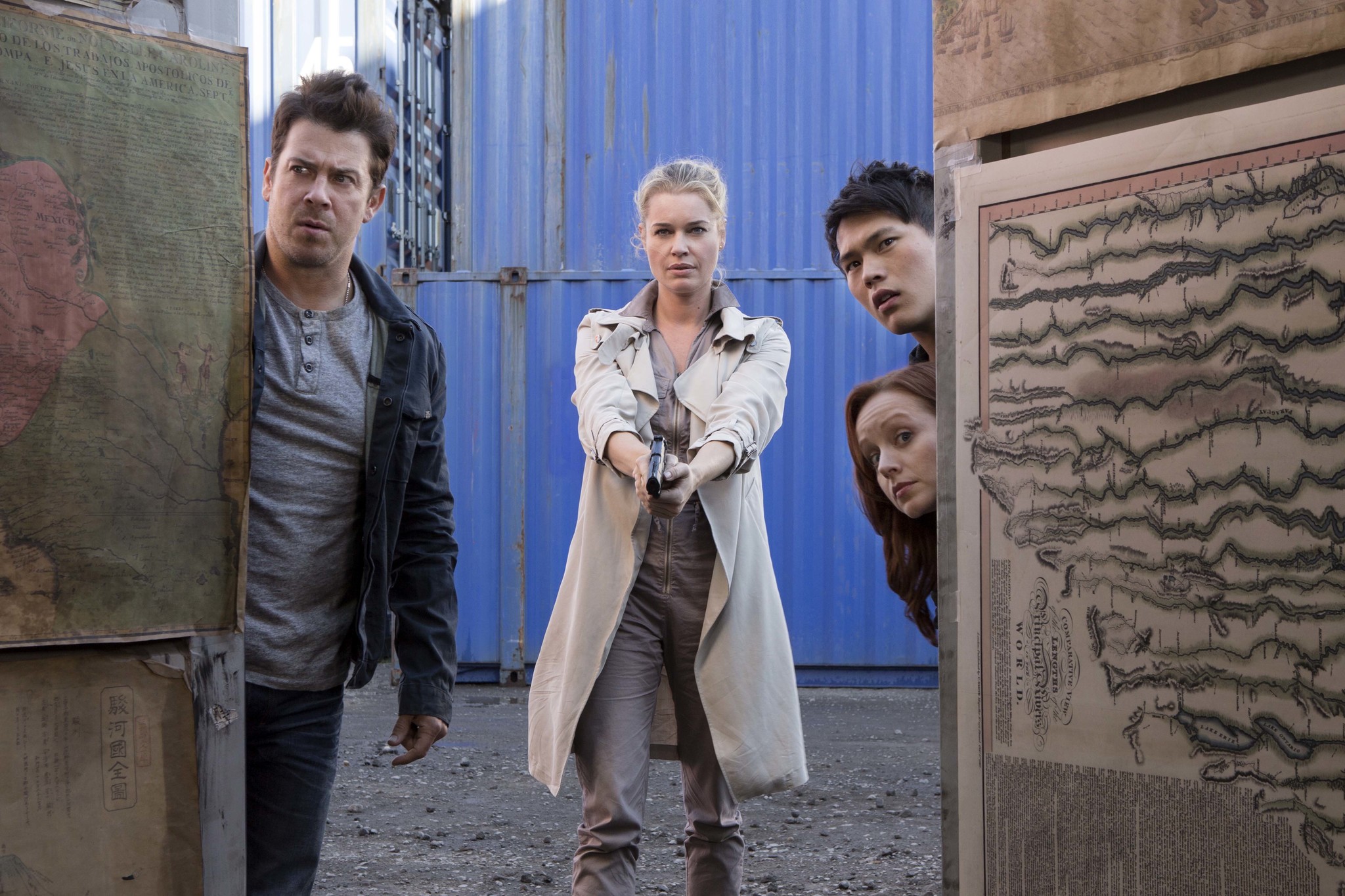 Still of Rebecca Romijn, Lindy Booth, Christian Kane and John Harlan Kim in The Librarians (2014)
