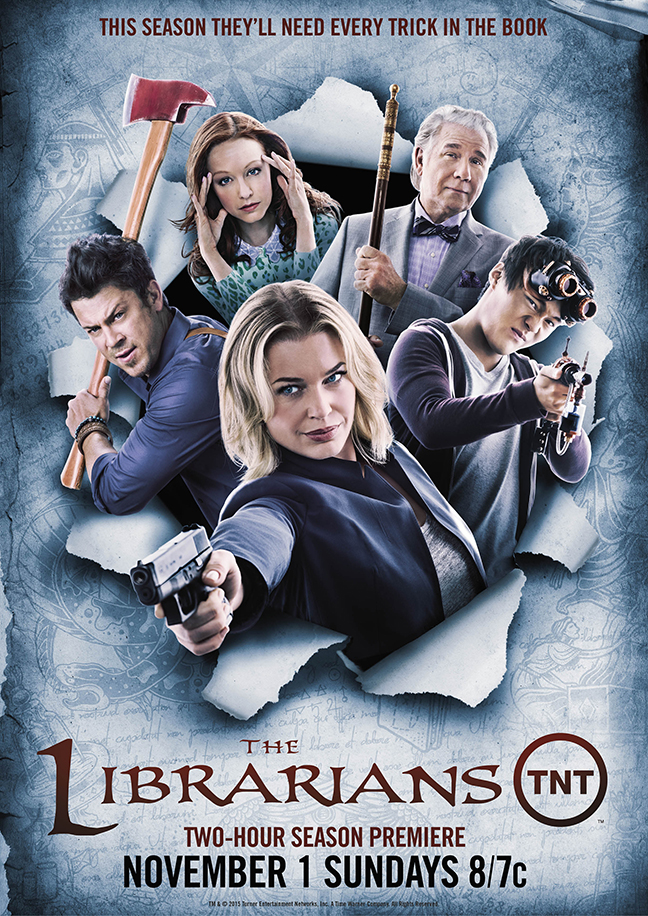 Rebecca Romijn, Lindy Booth, Christian Kane, John Larroquette and John Harlan Kim in The Librarians (2014)