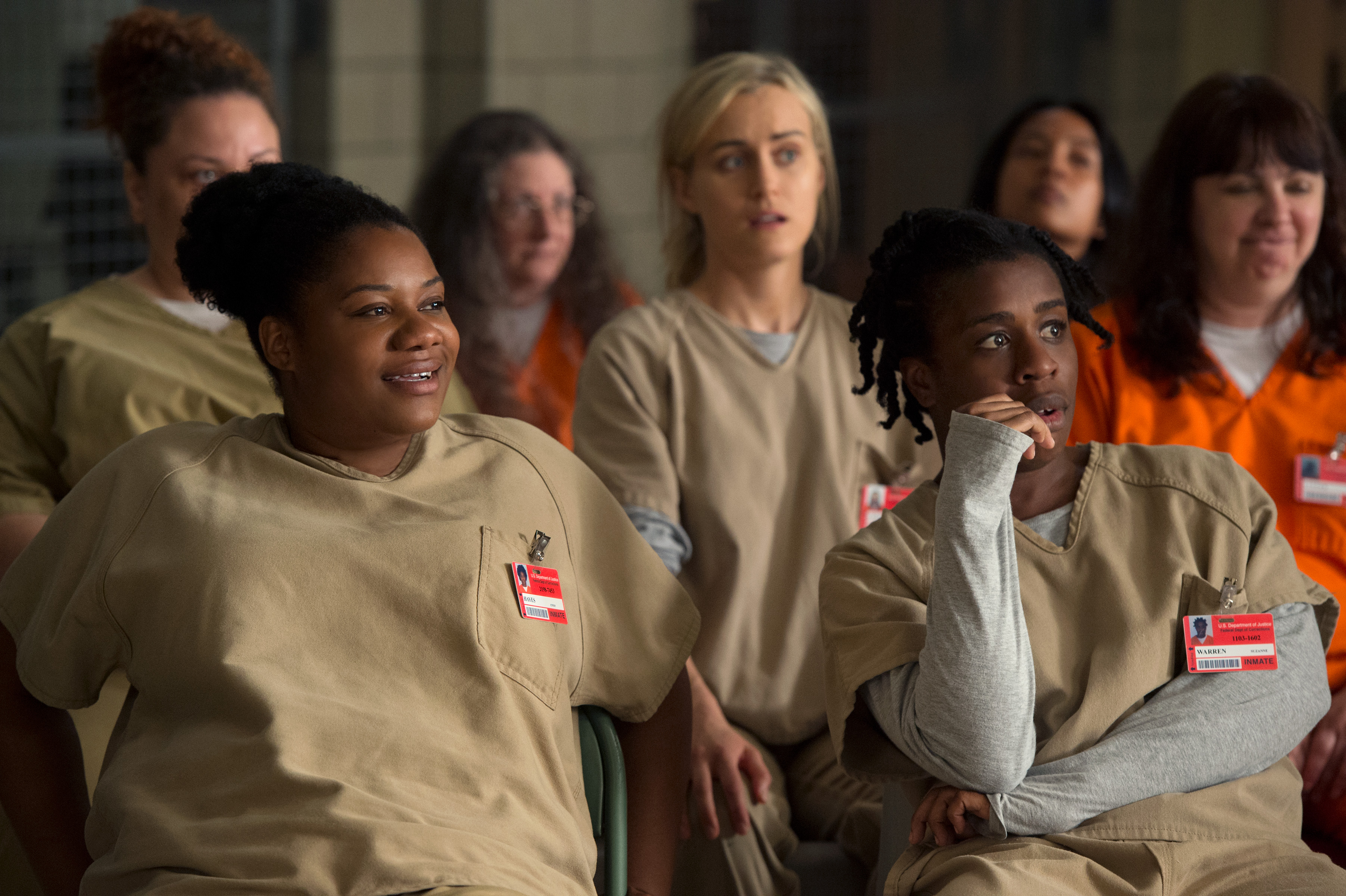 Still of Taylor Schilling, Uzo Aduba and Adrienne C. Moore in Orange Is the New Black (2013)
