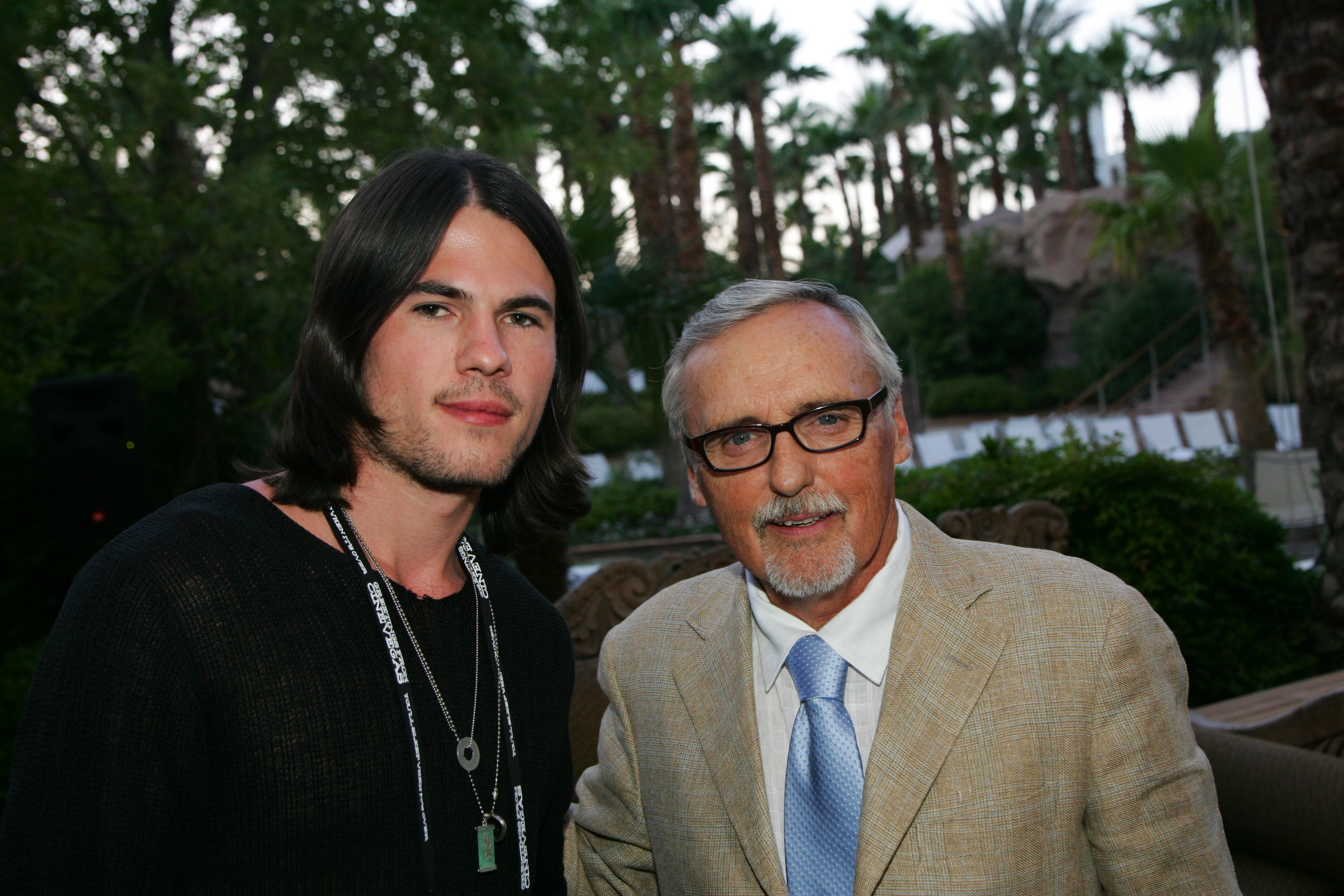 Actor Chandler Rylko from the film 'Have Love, Will Travel' (L) and actor and chair of the CineVegas creative advisory board Dennis Hopper attend the 'Jackpot Premieres' dinner sponsored by Mean Magazine held at Simon Kitchen & Bar inside the Hard Rock Hotel & Casino during the CineVegas film festival on June 11, 2007 in Las Vegas, Nevada.