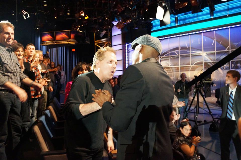 Mark Rooney and Arsenio Hall at Jay Leno's last week as host of the Tonight Show.