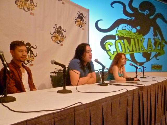 Josh Gomez (son of Taboo from the Black Eyed Peas, Red Reaper composer) Sean Wyn (Exec Producer, martial arts master) and Tara Cardinal at Stan Lee's Comikaze panel.