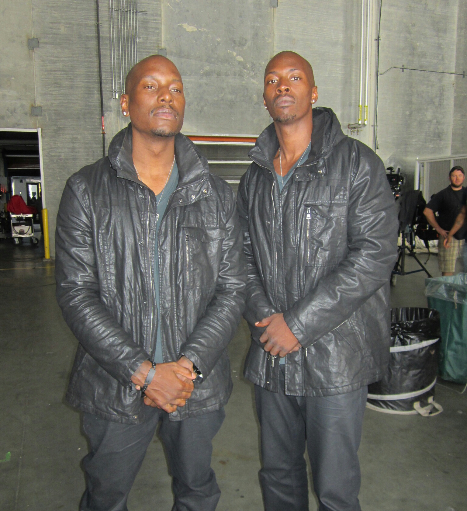 Still of Tyrese Gibson (left) Julius Denem (right) on set of Furious 7.