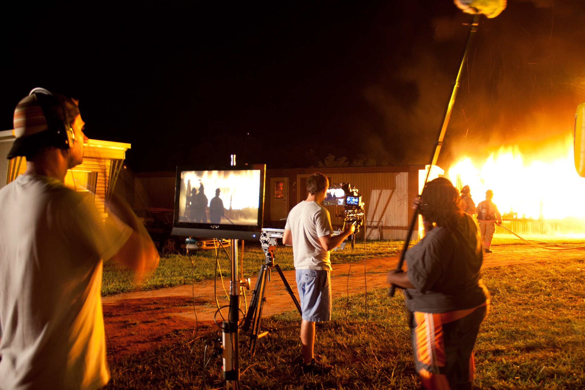 On the set of Redemption of the Commons. Burning down a trailer home.