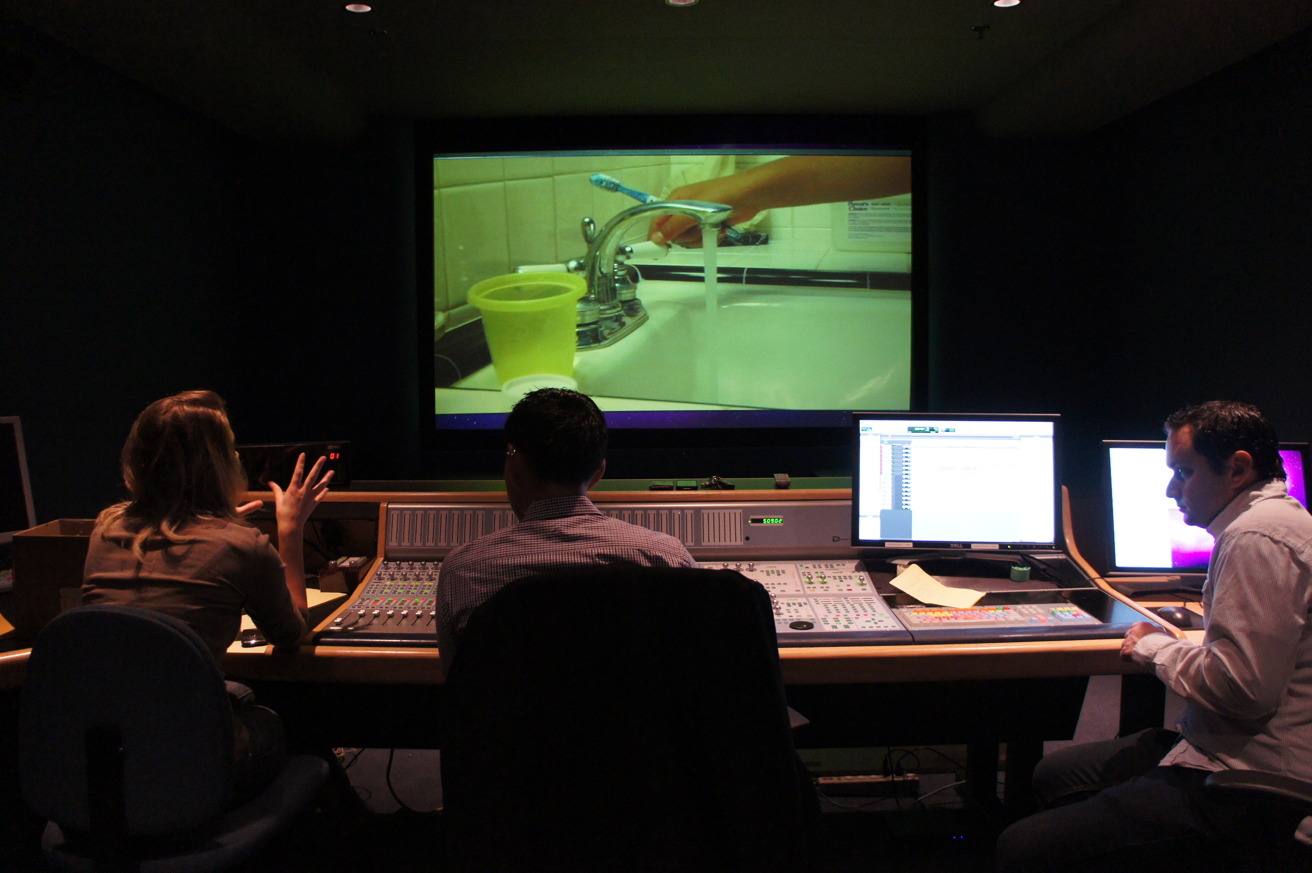 Director Cassie Jaye, sound mixer Frank Clary and sound editor Steve Orlando working on the documentary 