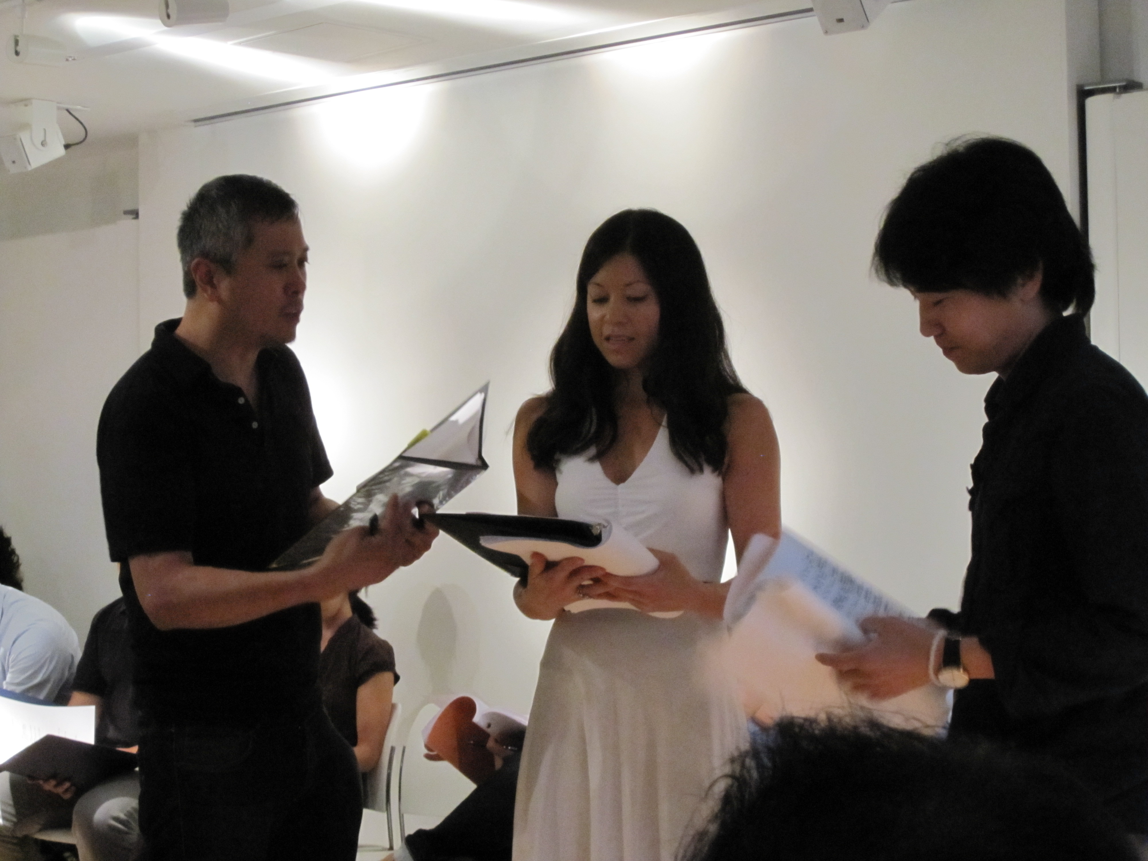Jennifer Betit Yen (center) with Jim Chu (left) and Eugene Oh (right) in a reading of screenwriter Isaac Ho's THE CHINESE DELIVERMAN. Hosted by NYU, the Asian American International Film Festival and the Asian American Film Lab on August 1, 2013, in NYC.