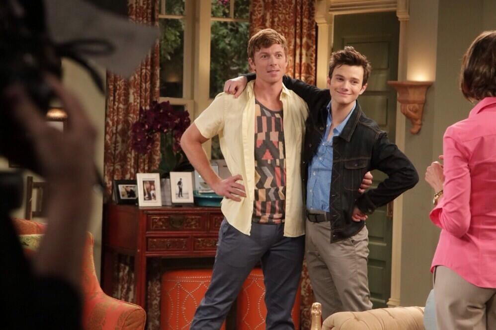 Sam Daly, Chris Colfer, and Wendy Malick on set of Hot in Cleveland season five episode 