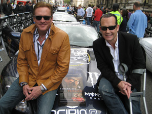 Michael Madsen and Mark Mahon at the Gumball 3000 rally in London with the STRENGTH AND HONOUR Aston Martin DB9.