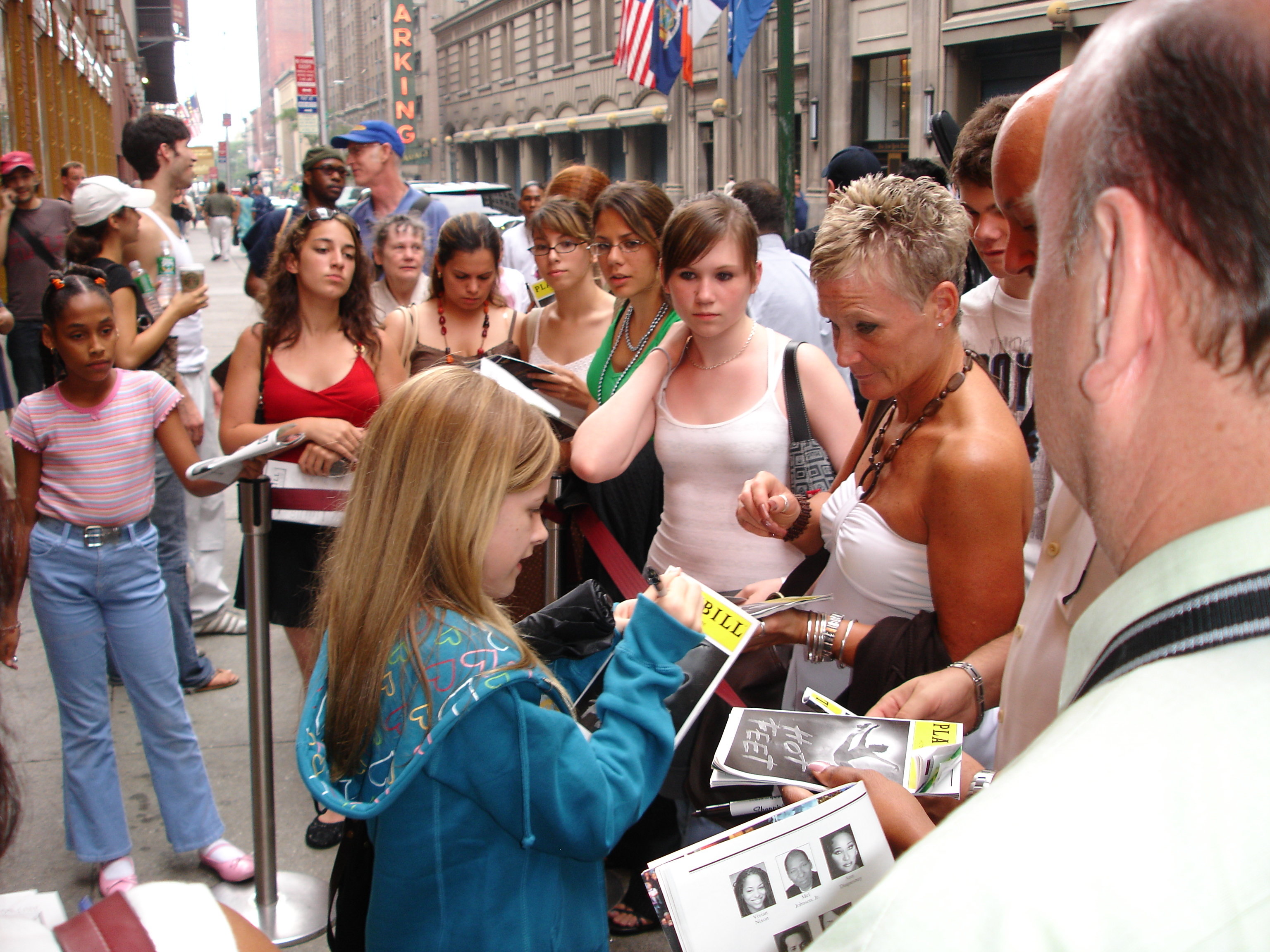 Sarah signing autographs after performing the role of Emma in Hot Feet at the Hilton Theatre on Broadway