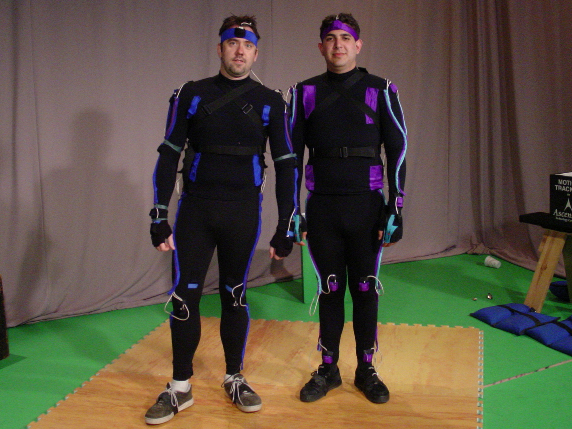 Brian McCulley and John Crockett in motion capture suits for V-Funny.