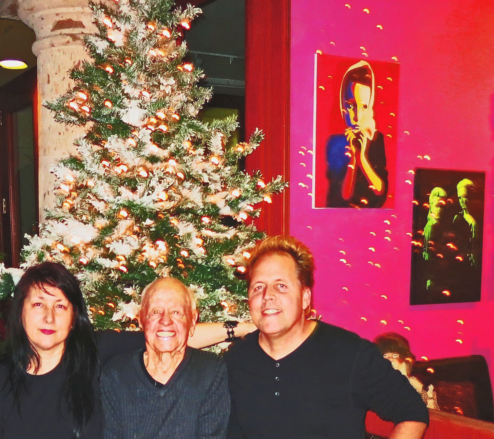 Artist Charlene Rooney with father-in-law Mickey Rooney and husband Mark Rooney. Palm Springs art exhibit Christmas 2012