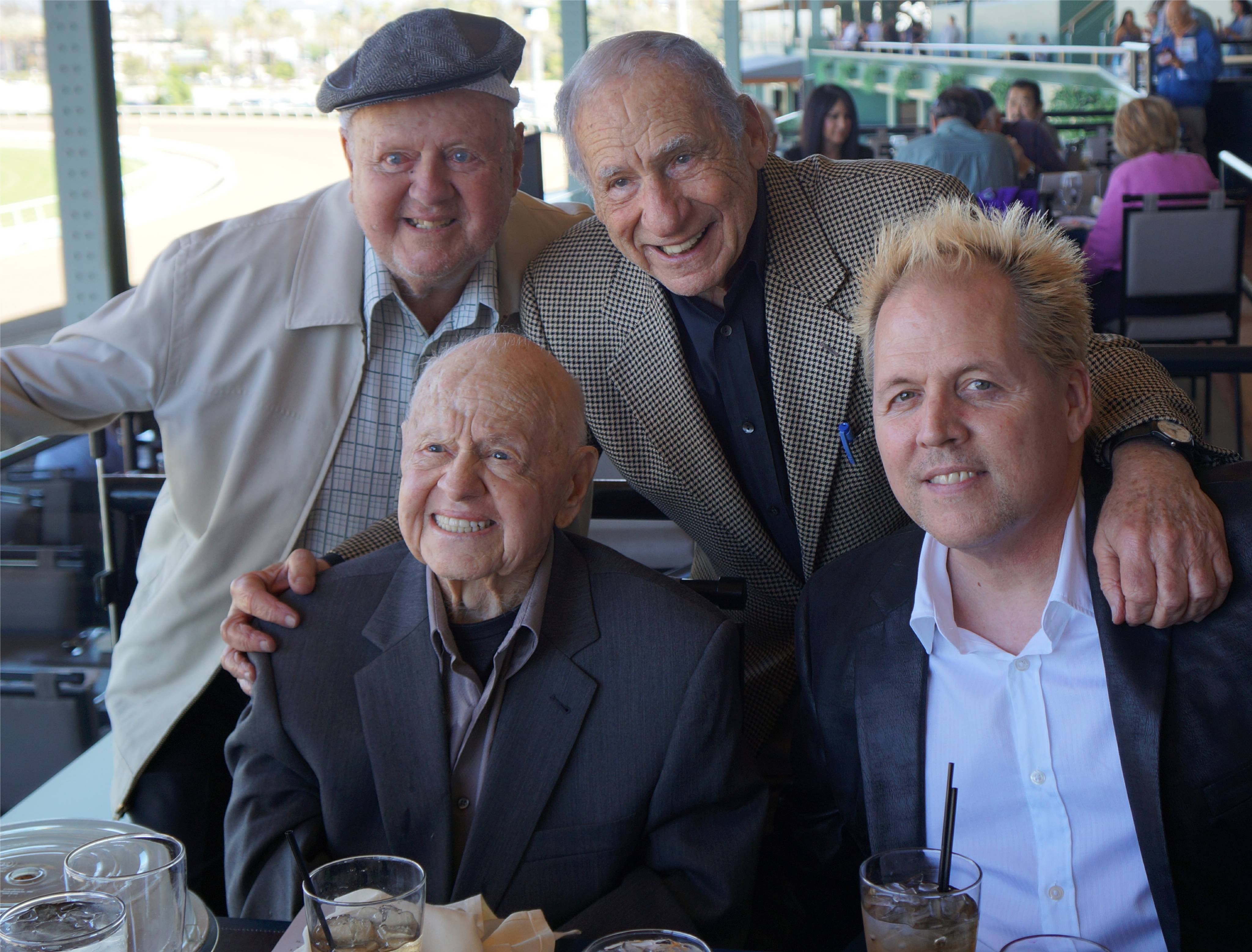 Santa Anita Racetrack April 2014. Left to right Dick Van Patten, Mickey Rooney, Mel Brooks, Mark Rooney.
