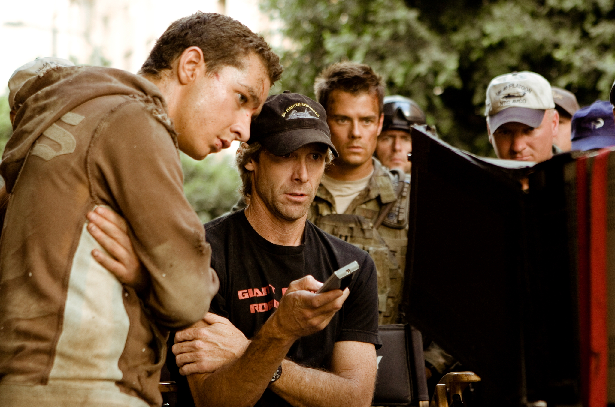 Still of Michael Bay and Shia LaBeouf in Transformers (2007)