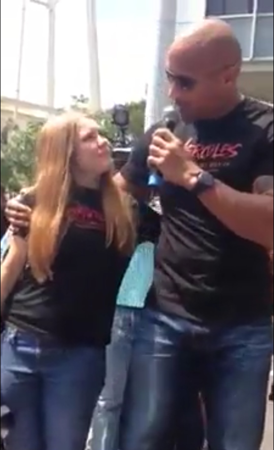 Annabelle Roberts and Dwayne Johnson (The Rock) at Paramount Studios on July 16, 2014 filming a promo for the movie 