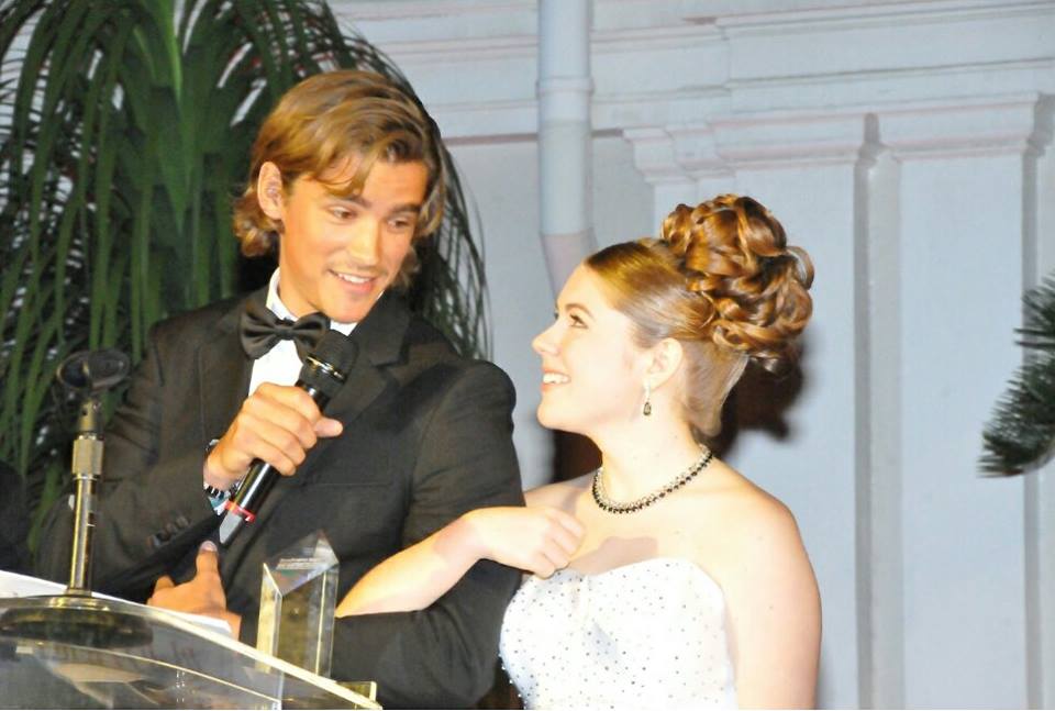 Annabelle Roberts and actor Brenton Thwaites on stage at the 5th annual Eurocinema/Hawaii International Film Festival awards.
