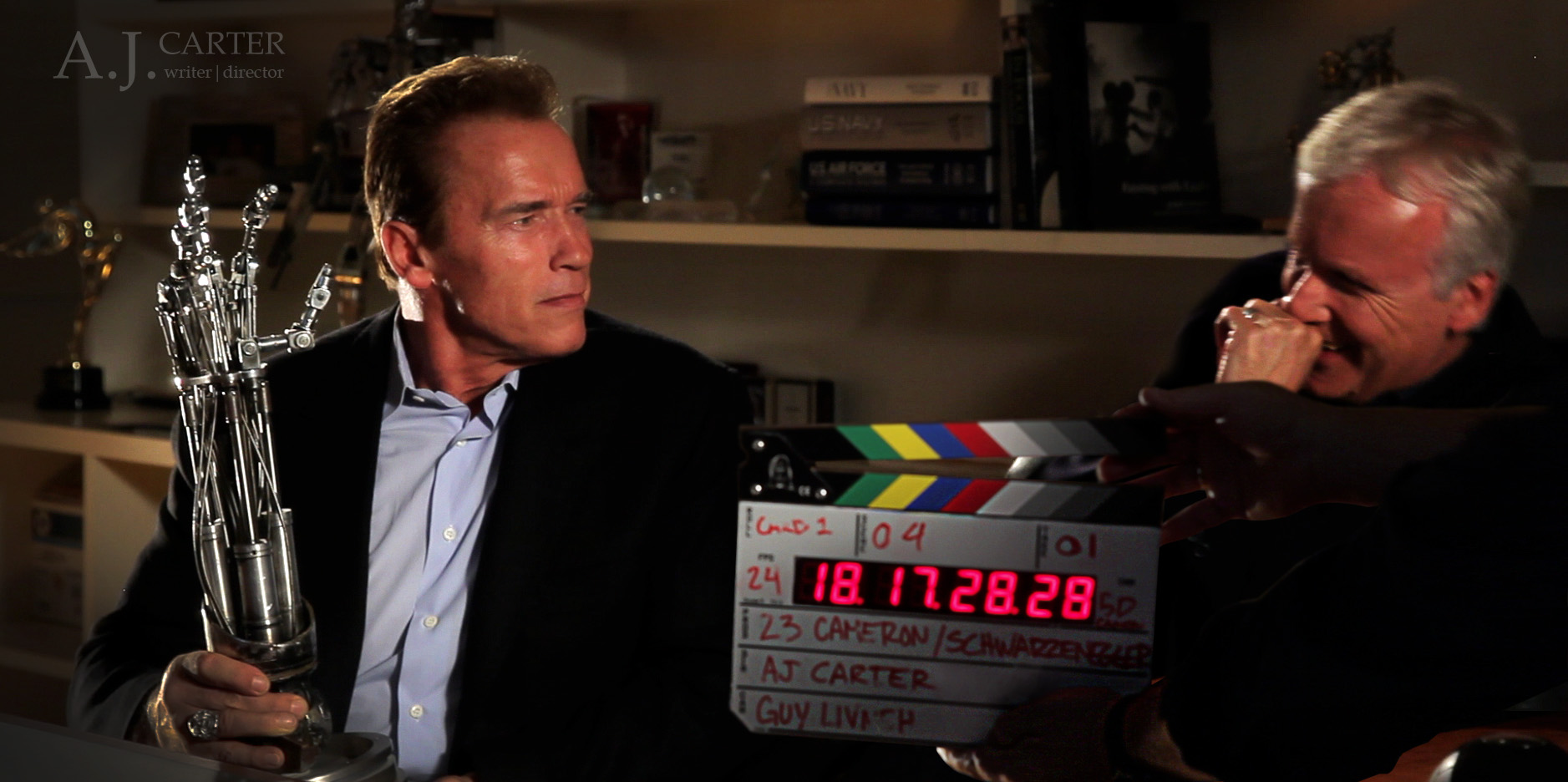 Filming '23'. Arnold Schwarzenegger, James Cameron. Director- A.J. Carter. Hollywood, California. 2010