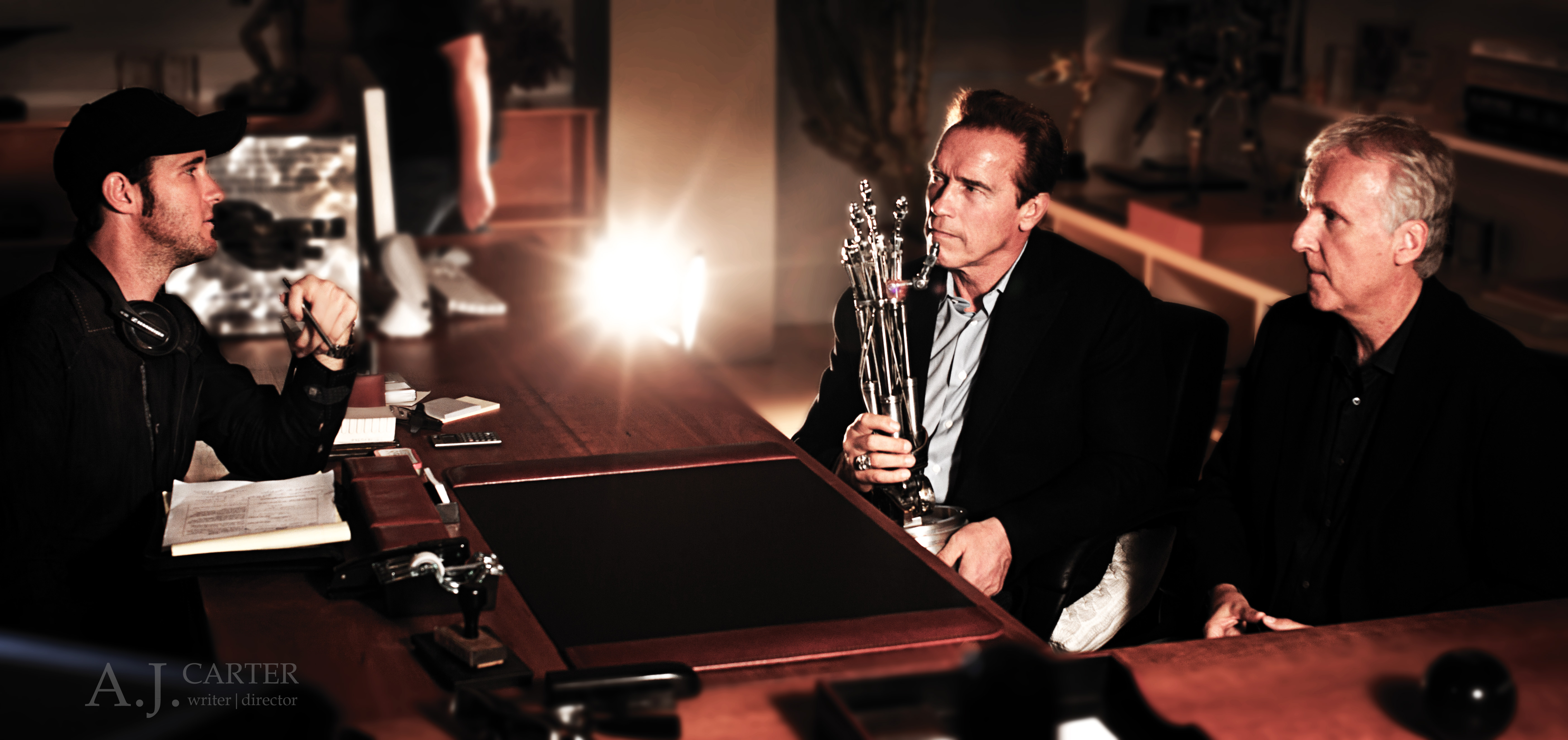 Filming '23'. A.J. Carter, Arnold Schwarzenegger, James Cameron. Hollywood, California. 2010