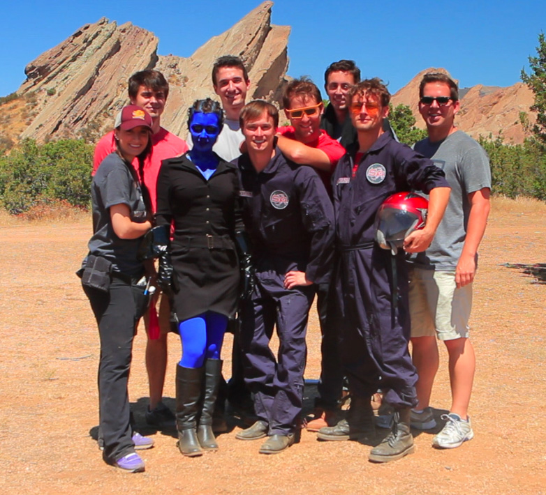 Whitney Avalon (blue) on location with members of the cast and crew of SPACE BATTLES.