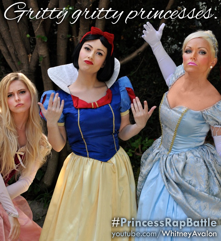 Whitney Avalon (center) plays a tough Snow White in PRINCESS RAP BATTLE, which she also wrote and produced. With Briana White (Aurora) and Brittany Jo Gaylord (Cinderella).