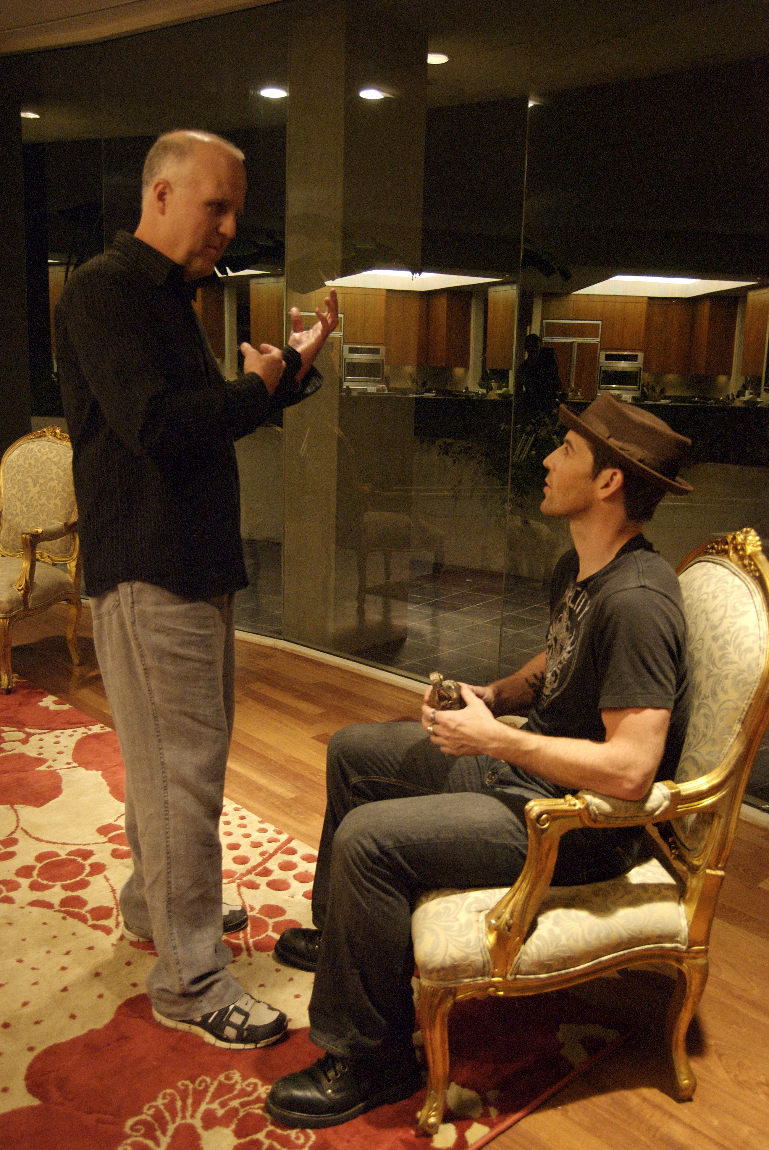 Director Blair Hayes and actor Guy Birtwhistle on the set of 'Night Music'.