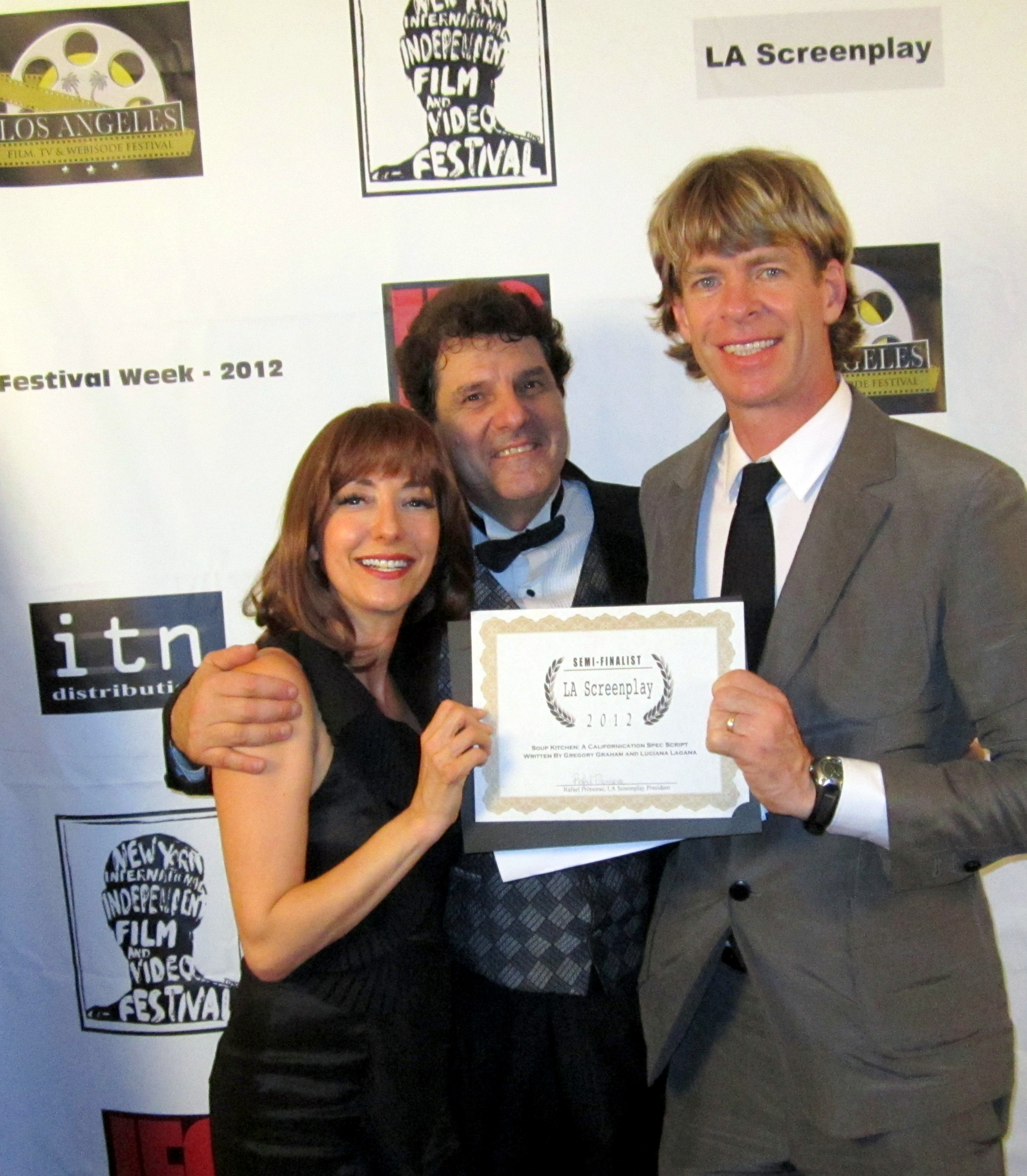 Luciana Lagana at The 2012 Los Angeles Screenplay Competition Award ceremony with husband Gregory Graham (co-writer of Soup Kitchen, a Californication spec script) and host Rich Rossi