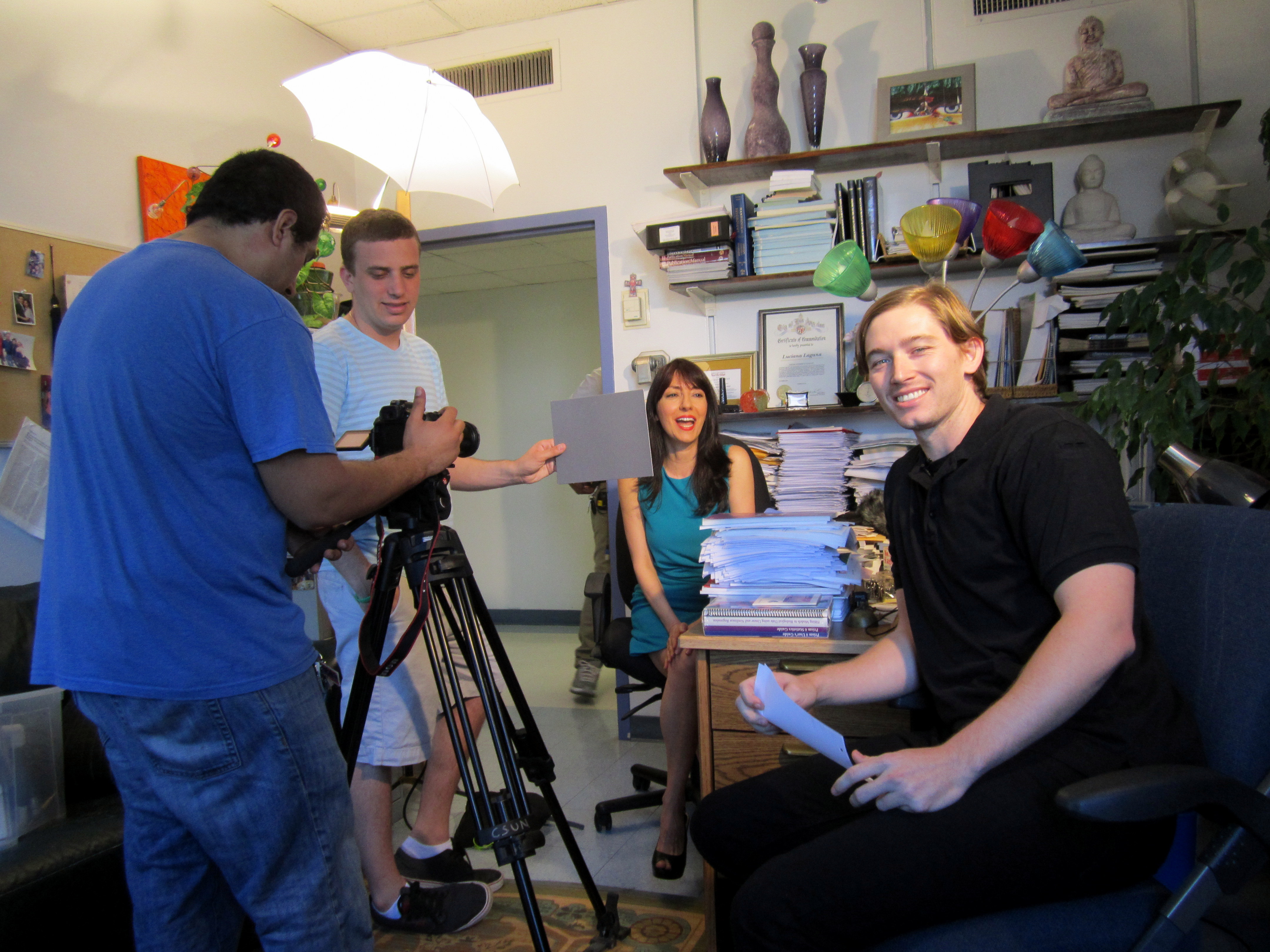 Dr. Luciana Lagana (psychology and dating expert), in her office at California State University Northridge (CSUN), gets ready to shoot the documentary 