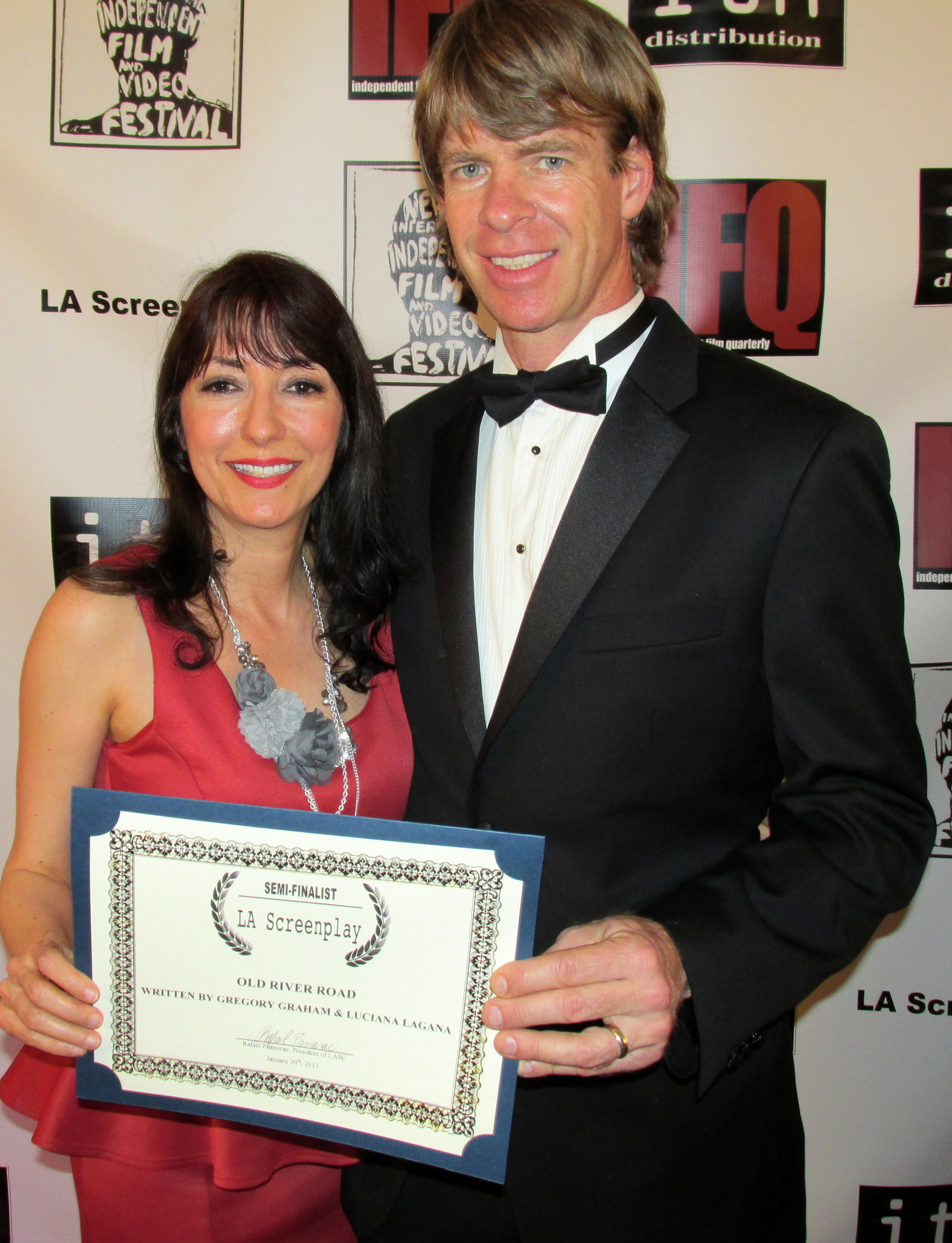 Luciana Lagana and Gregory Graham After Receiving an Award Nomination as Co-Writers of the Feature Screenplay Old River Road at the 2013 LA Screenplay Competition in Los Angeles, California