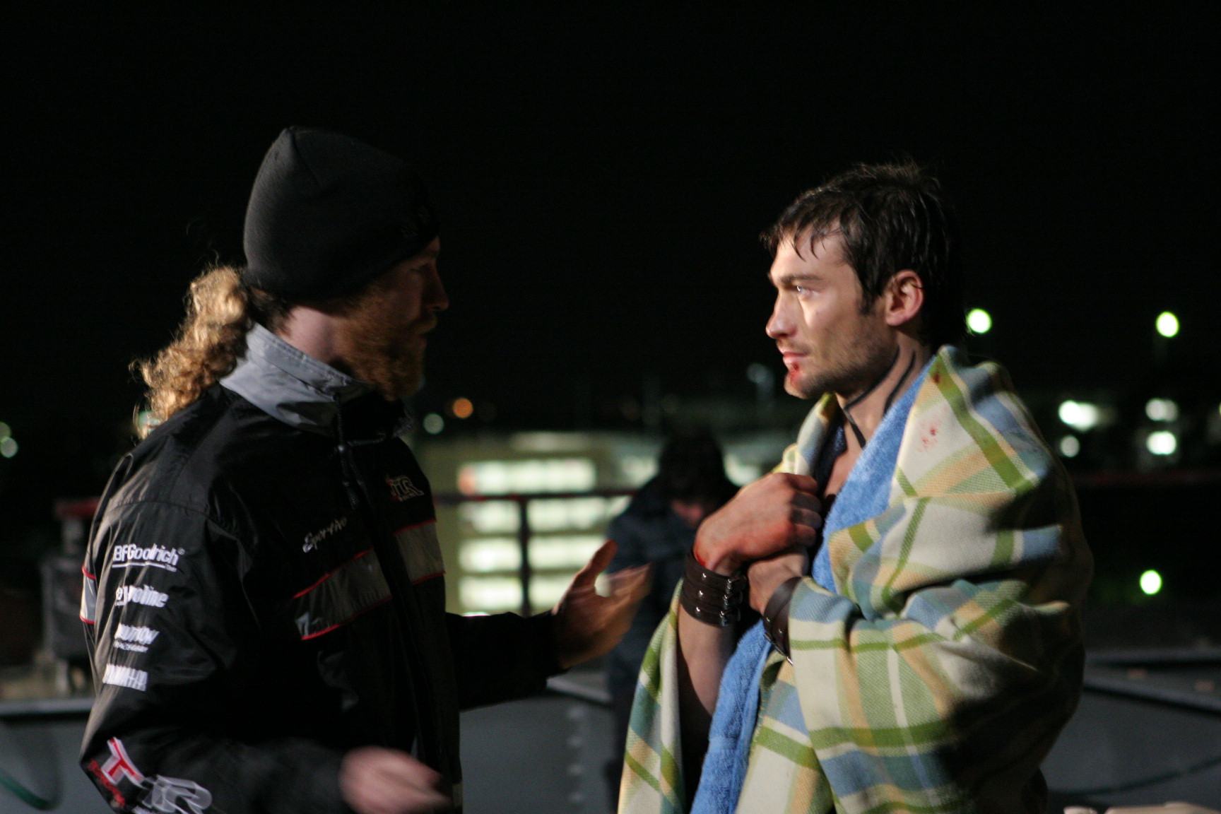 Shane Abbess and Andy Whitfield discuss the rooftop scene on the set of 'Gabriel'
