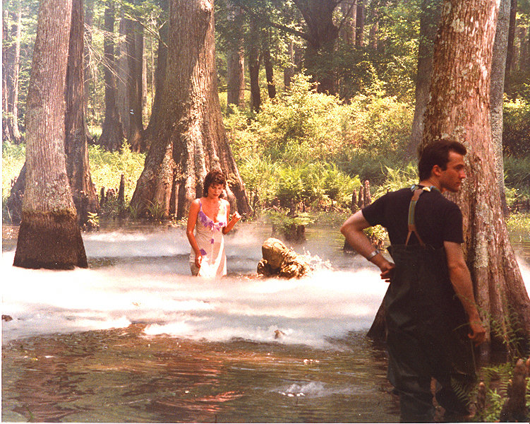 On set of SWAMP THING (1981) creating low ground fog. (pictured are Adrienne Barbeau, Dick Durock, and Geoffrey Rayle)