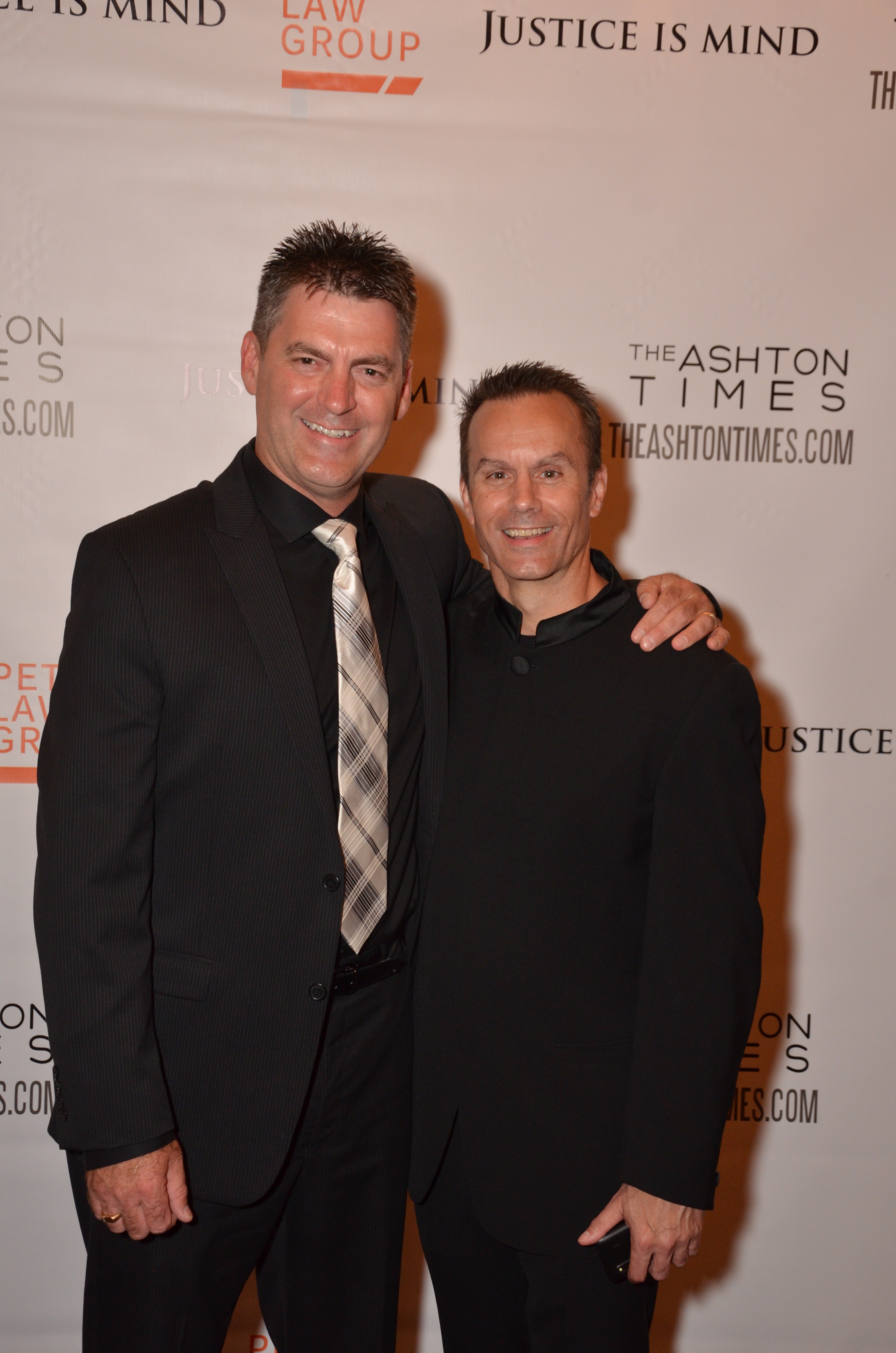 At the world premiere of Justice Is Mind on August 18, 2013 in Albany, NY at The Palace Theatre. Vernon Aldershoff (l), who stars as Henri Miller, with director Mark Lund.