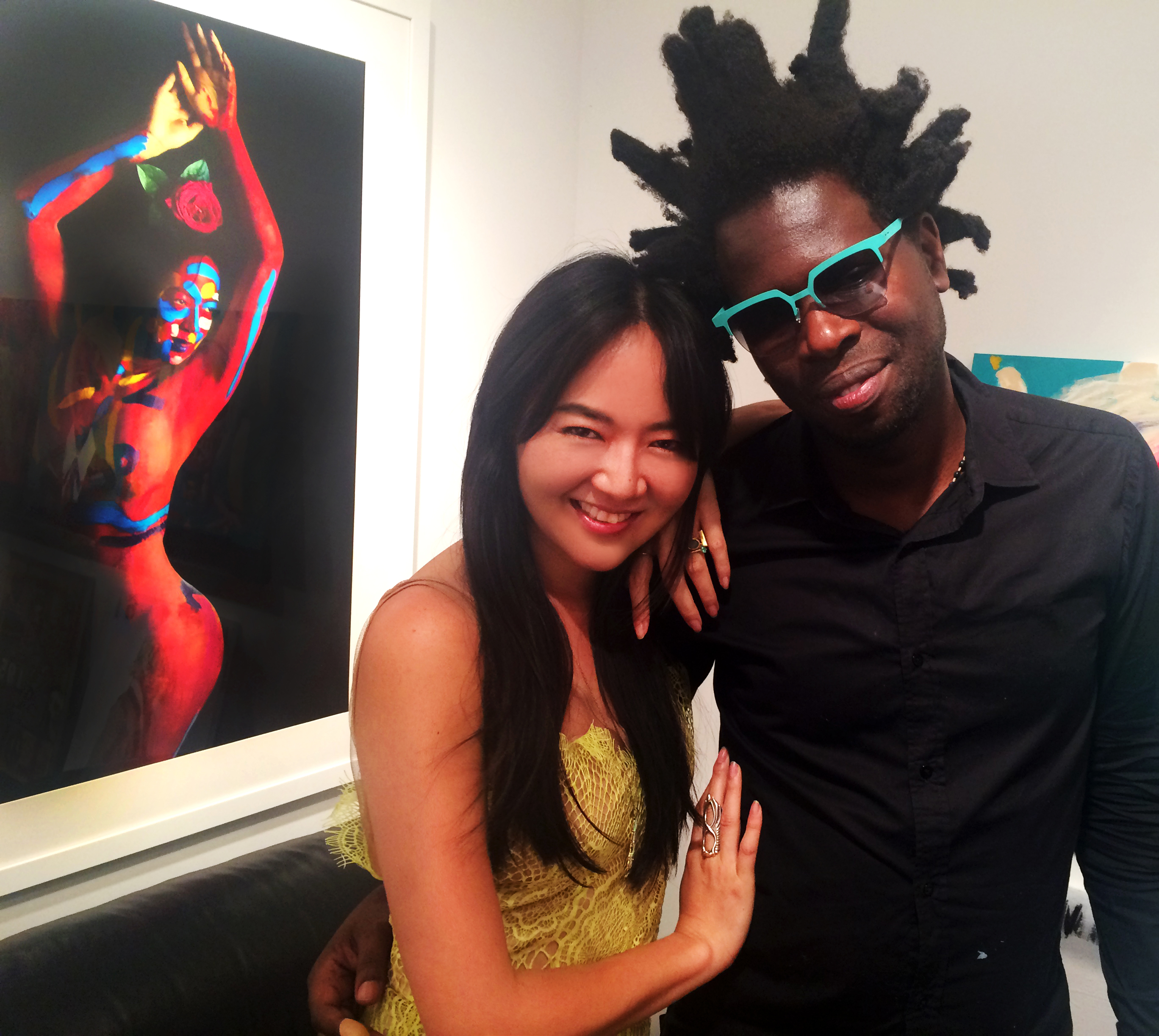 Angel Pai with artist, Bradley Theodore, at the Antoine Verglas x Bradley Theodore exhibition; Angel Pai models in body paint, painted by Bradley Theodore, shot by Antoine Verglas