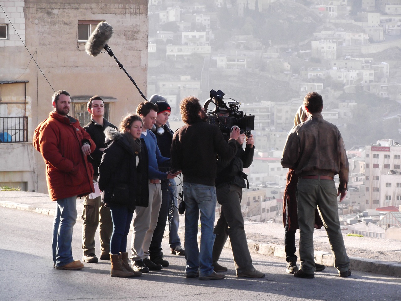 Vicky on set of Born of War in Amman, Jordan with James Frain, Sofia Black D'Elia, Producer Rupert Whitaker and DOP Malte Rosenfeld