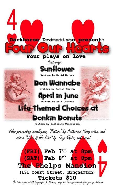 Darkhorse Dramatists' Four Our Hearts poster, featuring Don Wannabe by Daniel Guyton