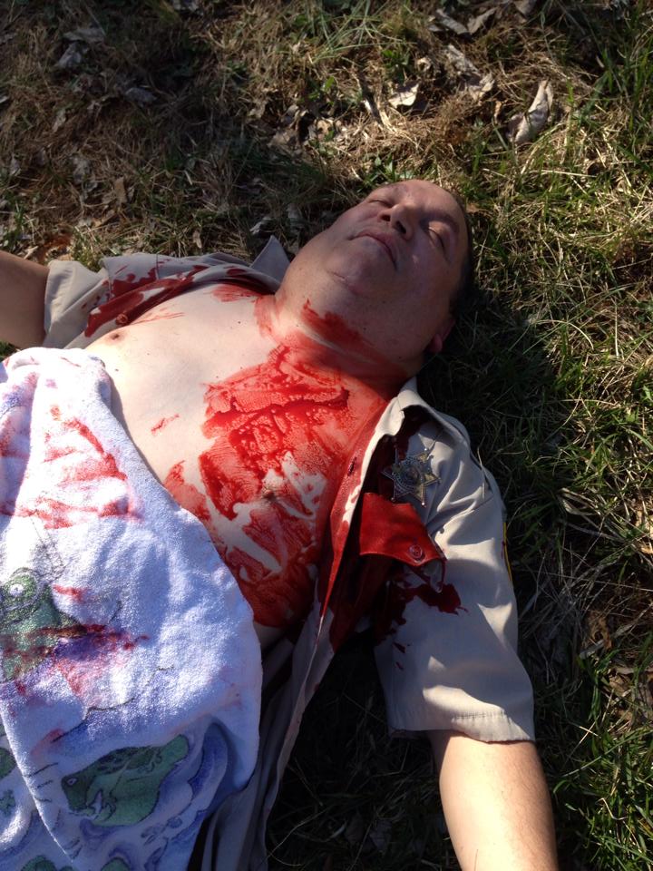 James Magnum Cook on the set of Bloody Sisterly Love as a dead Sheriff Jake Madison!